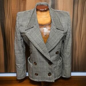 VINTAGE 80s Oscar De La Renta Blazer Size 4 Womens Double Breasted Notched Plaid